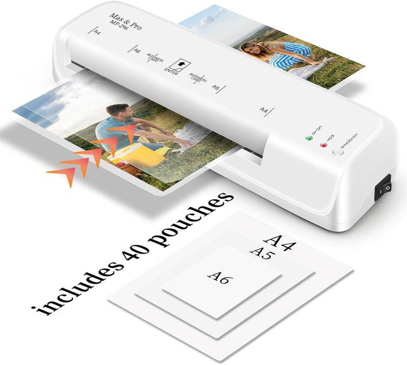 Mas & Pro Thermal Laminator Machine 9 Inch with 40 Laminating Sheets, Hot & Cold, Anti-Jam, Fast Warm-Up, 2-Roller, Portable for Home Office School, Letter Size/A4/A5/A6/Photo/Document, White - Image 1